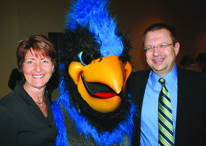 Birds of a feather: Dr. Jules and Peg Glanzer greeted by the Tabor Bluejay