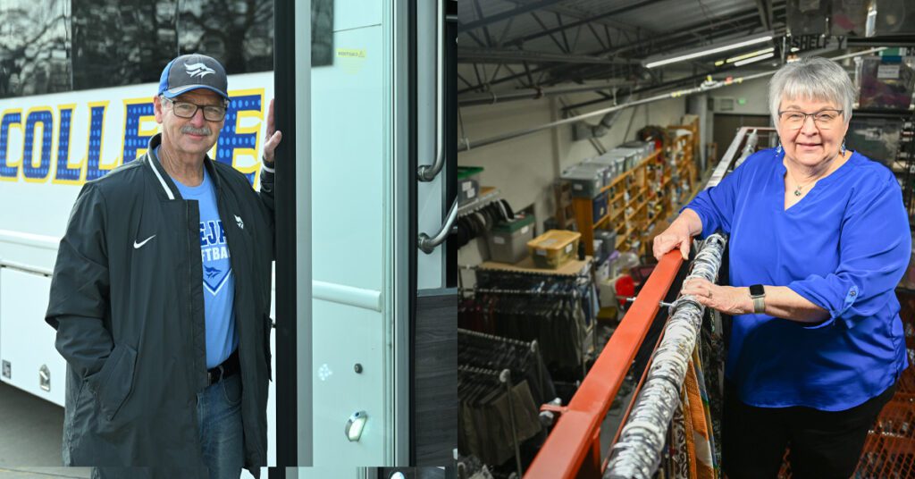 Harold and Darla Loewen stand beside the Tabor College bus and Loewen Storage in the Shari Flaming Center for the Arts