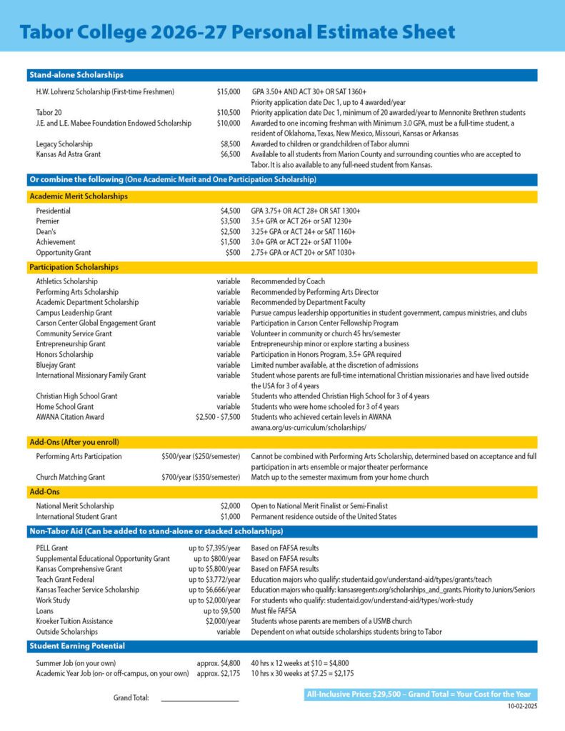 Tabor College 2026-27 Personal Estimate Sheet